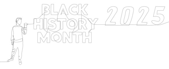 One continuous line of Man pointing with finger at Black History Month 2025. Thin Line Illustration vector concept. Contour Drawing Creative ideas.