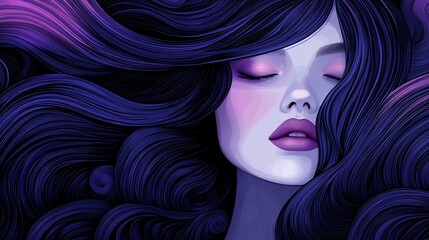 Fototapeta premium Serene woman sleeps peacefully surrounded by flowing dark purple hair soft lighting. AI Generated