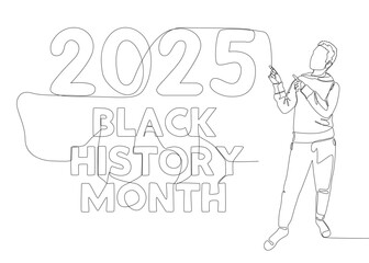 One continuous line of Man pointing with finger at Black History Month 2025. Thin Line Illustration vector concept. Contour Drawing Creative ideas.