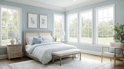 Airy bedroom with light blue walls, wooden accents, and large windows