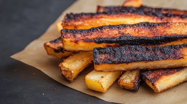 Crispy Fries with Visible Burnt Edges Highlighting Acrylamide Risks in Food Preparation Method for Health Awareness