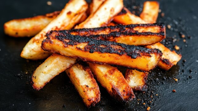 Crispy Fried Potato Strips with Visible Burnt Edges Showcasing Potential Acrylamide Risk and Irregular Cooking Technique