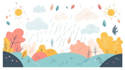 Colorful illustration depicting a vibrant landscape with sun, clouds, and rain, showcasing seasonal changes