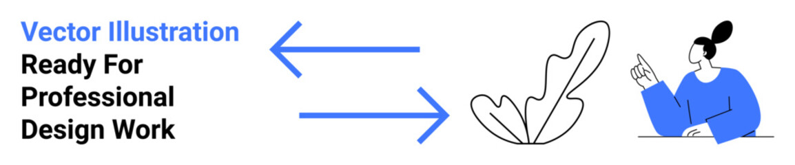 Abstract blue arrows, leaf design, and a person gesturing with a thoughtful pose. Ideal for teamwork, creativity, communication, collaboration, design brainstorming, idea generation flat landing