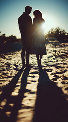 Couple silhouetted at sunset on sandy beach, holding hands, romantic moment, perfect for wedding or relationship themed websites