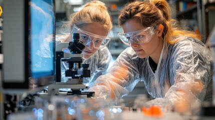 Two Young Female Scientists Analyzing Samples in a Modern Laboratory Setting, Wearing Protective Gear and Working Under Microscope Equipment