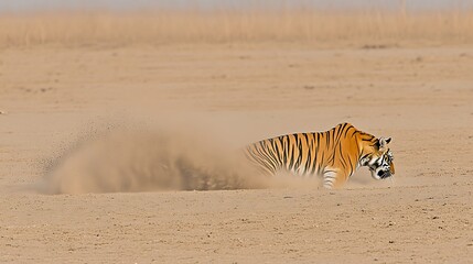 Obraz premium Tiger stalking prey in desert, dust cloud