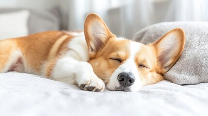 Adorable corgi sleeping peacefully on a bed