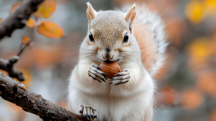 Fototapeta premium Squirrel eating nut on autumn branch, blurred leaves background, nature wildlife image