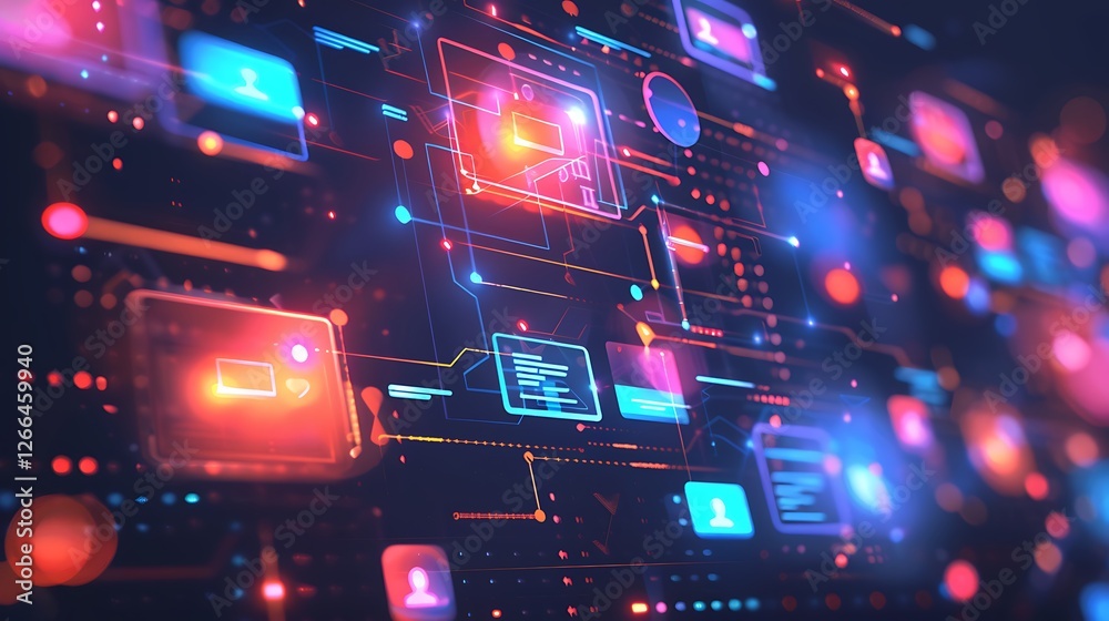 Poster abstract digital network visualization. shows interconnected data and futuristic technology.