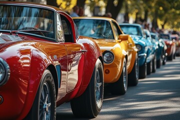 A vibrant lineup of classic cars in various colors parked on a sunny street, showcasing automotive beauty and craftsmanship.