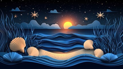A serene sunset beach scene with waves, shells, and a starry sky.