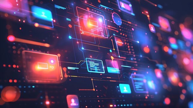 Abstract digital network visualization. Shows interconnected data and futuristic technology.