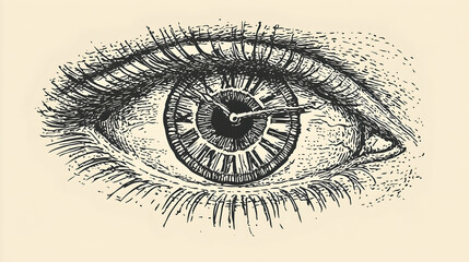 Eye with clock inside, time perception concept, beige background, for website design, print media