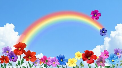 Obraz premium Rainbow, flowers, sky, clouds, field, vibrant, spring, joyful, banner, design