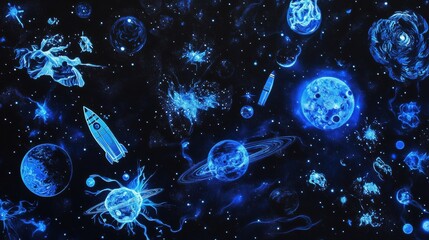 Colorful collection of space themed stickers featuring planets, rockets, and galaxies on a dark background. Generative AI
