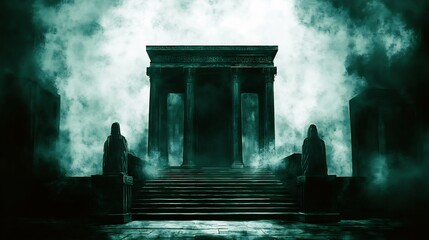 Mysterious temple shrouded in eerie green mist dramatic lighting. AI Generated