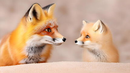 Obraz premium Red fox and kit facing each other, sandy background, wildlife scene, nature photography