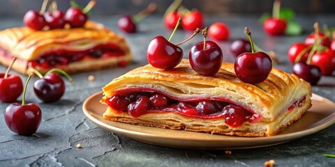 A delectable pastry featuring a sweet cherry filling, baked to golden perfection and adorned with fresh, juicy cherries.