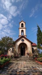 Majestic Church Exterior with Bell Tower Sunny Day Landscape Architecture