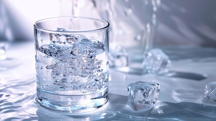 Refreshing Glass of Sparkling Water with Ice Cubes Close up Still Life Photography