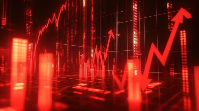 Abstract visualization of stock market trends with dynamic red graphs indicating fluctuations - Powered by Adobe