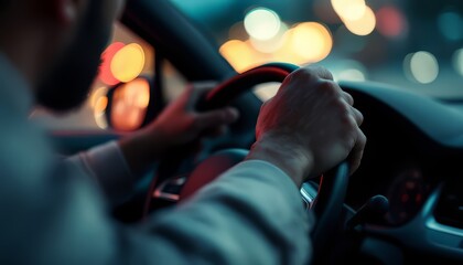 Close up of hands gripping a car steering wheel