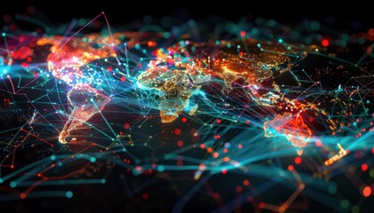 Obraz premium Futuristic international telecommunication network, concept about global data transfer, background with colourful abstract dynamic gradient line flows connecting cityspace around the world