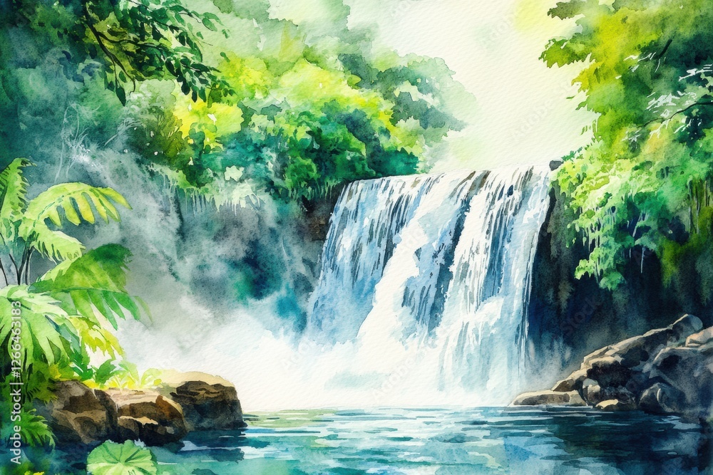 Poster beautiful waterfall cascading into a serene pool surrounded by lush greenery during a tranquil morni