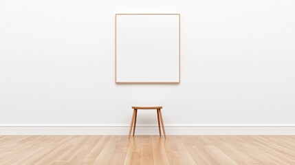Minimalist interior with an empty frame on the wall and a wooden stool in a bright room
