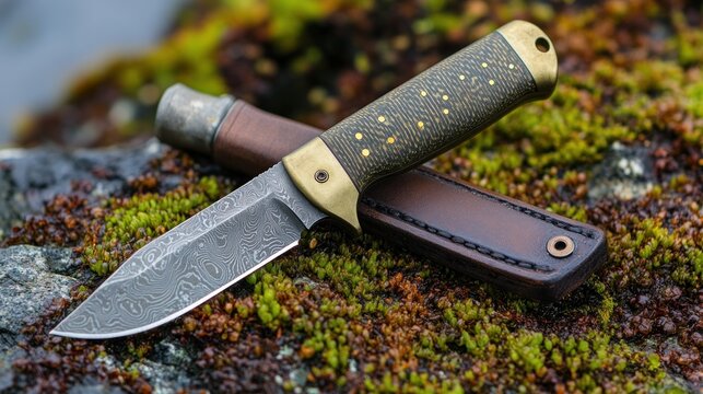 Outdoor knife on mossy rock by water