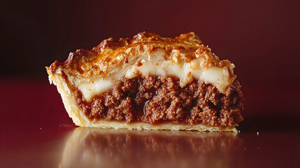 Delicious meat pie slice, cheesy topping, dark background, food photography, recipe illustration