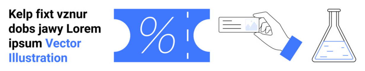 Percentage discount ticket, hand exchanging a card, and a filled chemistry flask. Ideal for retail, finance, transactions, commerce, education research promotions and connections. Abstract line