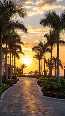 Serene Sunset Pathway with Palm Trees and Colorful Flowers