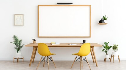 Modern minimalist workspace featuring a wooden table, yellow chairs, plants, and a blank frame