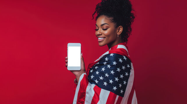 Discounts, promotions and sales on traditional holidays in the USA. Phone mockup. A black young woman holds a cell phone with a white screen on a red background in her hand. United States Flag Day