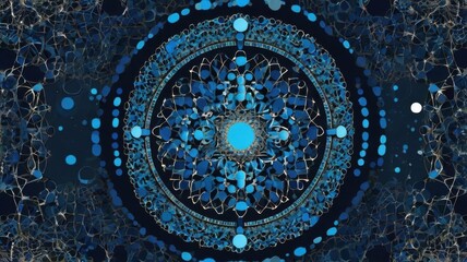 A vector abstract blue background with a circular geometric frame made of dots, particles, and molecular shapes. Perfect for technology, medical, business, and presentation designs.

