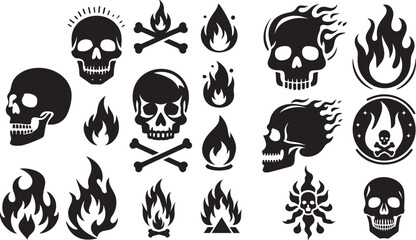Flaming skulls and fire icons collection.