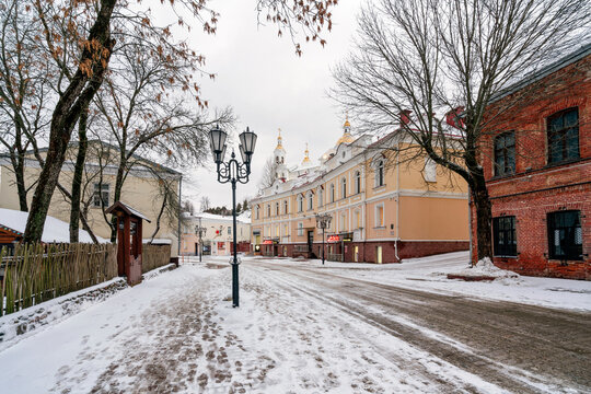 View of the tourist street in the historical center of the city  Tolstoy Street on a winter day, Vitebsk, Belarus