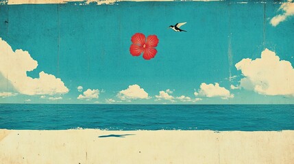 Tropical collage bird, flower, ocean, sky, beach