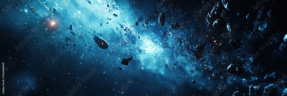 Poster vibrant cosmic display featuring shimmering stars and asteroids in deep space on a clear night. gene