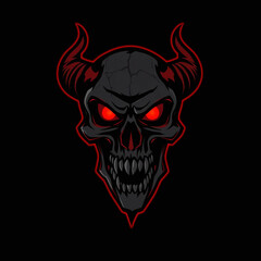 A demonic skull logo with red glowing eyes, sharp fangs, and cracks running through its bone structure