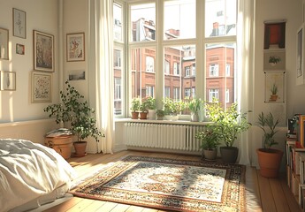 Sunny Bedroom with City View, Plants and Botanical Prints