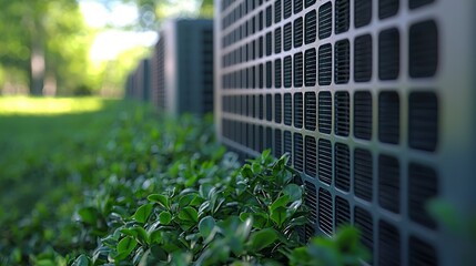 AC units cooling a building amidst green bushes in a park