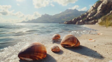 Obraz premium Seashells on sunny beach, ocean waves, mountains background