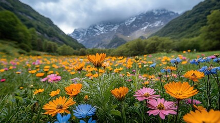 Vibrant wildflower meadow in the mountains under a cloudy sky, showcasing nature's beauty