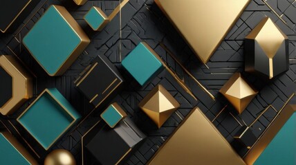A 3D abstract composition of black, gold, and teal geometric shapes with a Memphis-inspired design. A modern and stylish vector illustration in EPS10 format.

