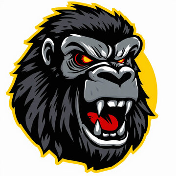 A monstrous gorilla head logo with dark gray and black fur, glowing red eyes, and an aggressive snarl showing sharp teeth