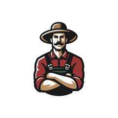 Farmer wearing red shirt and brown hat vector logo illustration