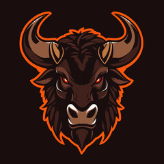 A powerful Minotaur head logo with dark brown fur, glowing red eyes, and massive curved horns. Its nostrils are flared, and it looks ready to charge forward